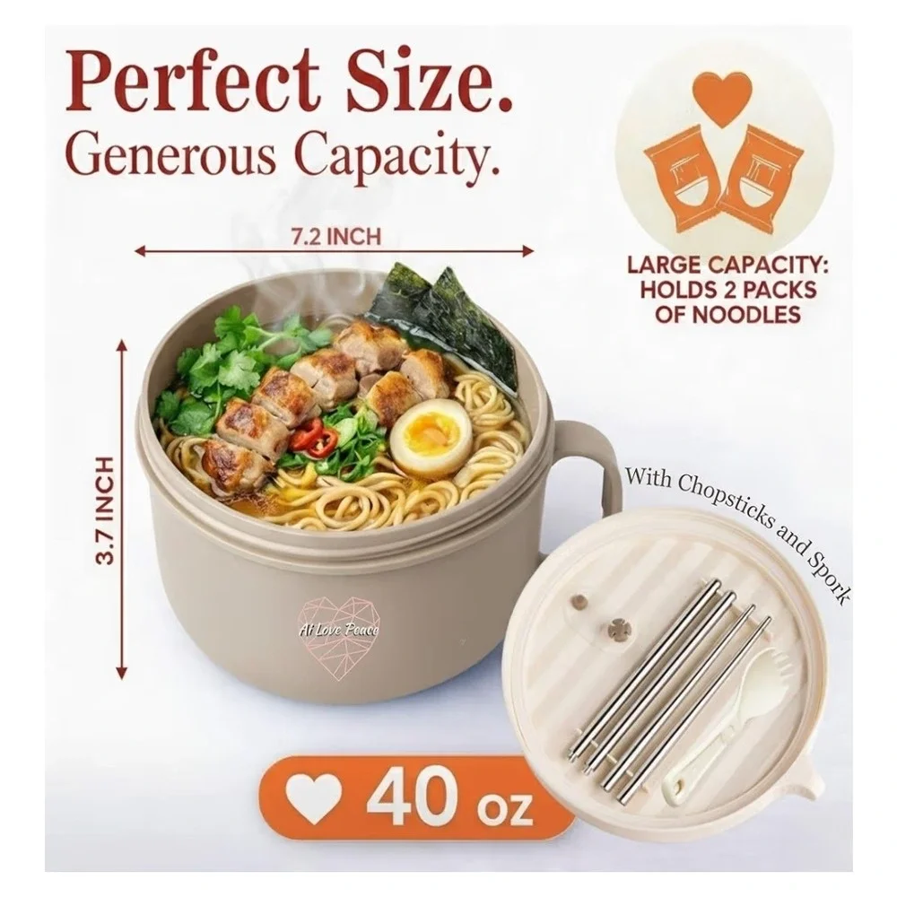 Ai Love‎ Peace 40oz Ramen Noodle Bowl with Lid Chopsticks Spork Microwave Safe